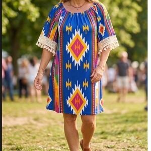 2B Together Southwestern Geometric Tassel Bell Sleeve Mini Dress Blue Womens M